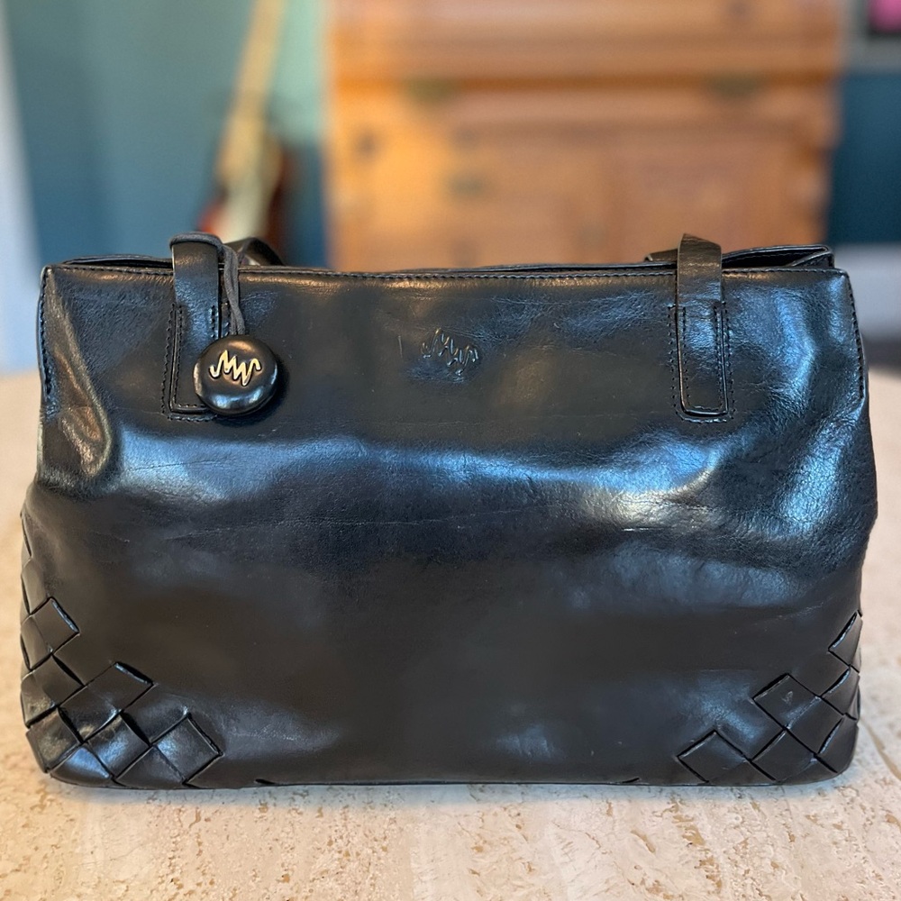 Monsac • Leather Shoulder Bag • Black • Woven Corner Details